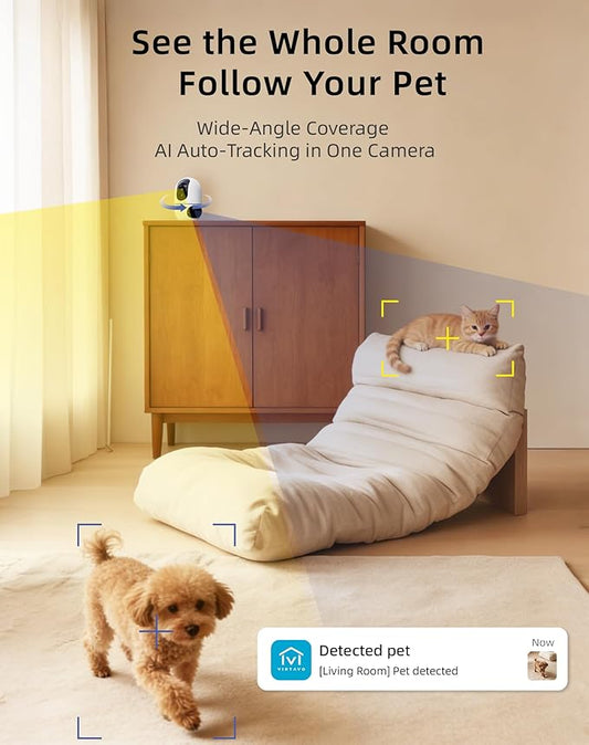 VIRTAVO Pet Camera Indoor for Dogs & Cats, 360° PTZ Pet Monitor with Motion Tracking, Dual‑Lens, 2‑Way Audio, Night Vision, No Subscription, Wi‑Fi 6 (2.4GHz/5GHz), SD & Cloud Storage