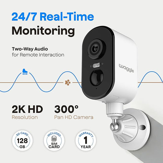 Waggle 4G LTE Cellular Security Camera, 2K HD Pet Monitor, 300° Pan, No WiFi, 9000mAh Battery, Night Vision, 2-Way Talk & Siren Alarm- RVs/Camping/Travel/Indoor & Outdoor - Subscription Required