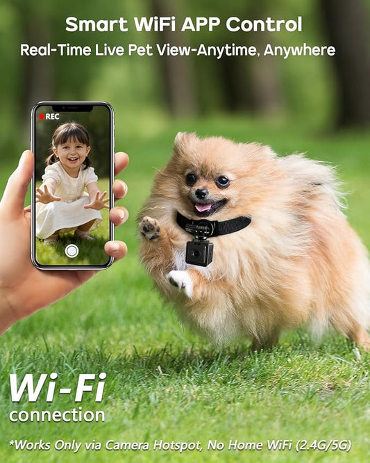 AEZ Pet Camera Collar with APP Control, 1080P HD Pet POV Camera, 210-mins Recording Wearable Action Camera with Hotspot WiFi, Magnetic Clip Camera for Cats Dogs Kids & Outdoor Use (No SD Card)