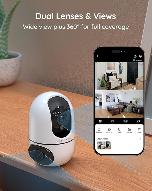 VIRTAVO Indoor Pet & Baby Camera, No Subscription Required, Dual-Lens 360° PTZ, Motion Tracking, 2-Way Audio, Night Vision, Cloud/SD Storage, Phone App, WiFi, 4-Pack, Power Adapter Included