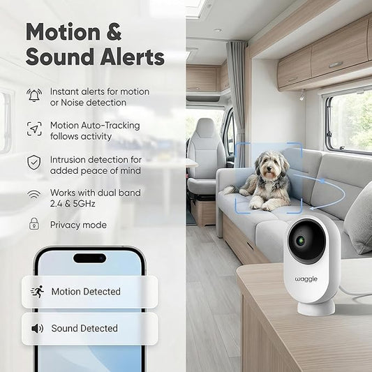 Waggle RV Mini Camera - 1080p HD Wireless Security Camera for RVs – Built-in SD Card (128GB), 2-Way Audio, Night Vision & Motion Detection - Ideal for Indoor Use - WiFi & Subscription Required