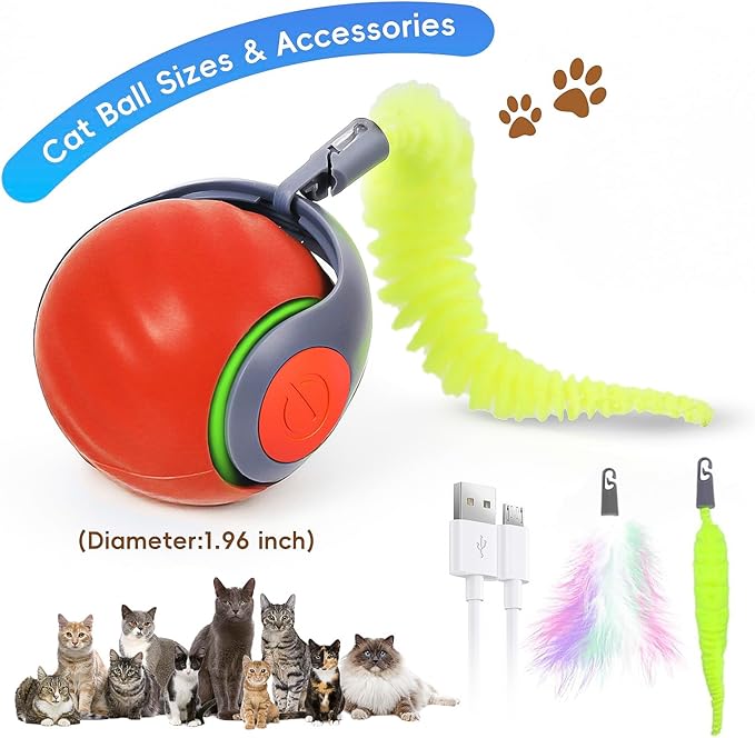 Interactive Cat Toy 2.0, Automatic Moving Cat Toys for Indoor Cats, Electric Rolling Pet Ball with Tail, Two Speed Adjustment, Pet Game Toy (Orange)
