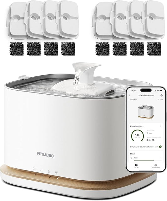 PETLIBRO Upgrade Cordless Cat Water Fountain + 8 Packs Genuine Cat Fountain Filter Replacement, App Monitoring 3L/101oz Dockstream 2 Pet Water Fountain with Stainless Steel Tray, 4-Month Set Easy-Swap
