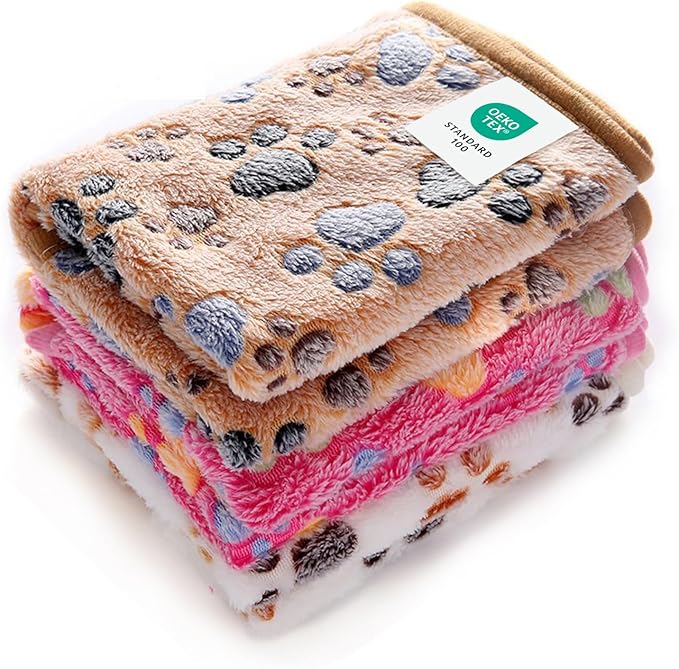 1 Pack 3 Blankets Super Soft Fluffy Premium Fleece Pet Blanket Flannel Throw for Dog Puppy Cat Paw Brown/Pink/White Medium(30x20 inch)