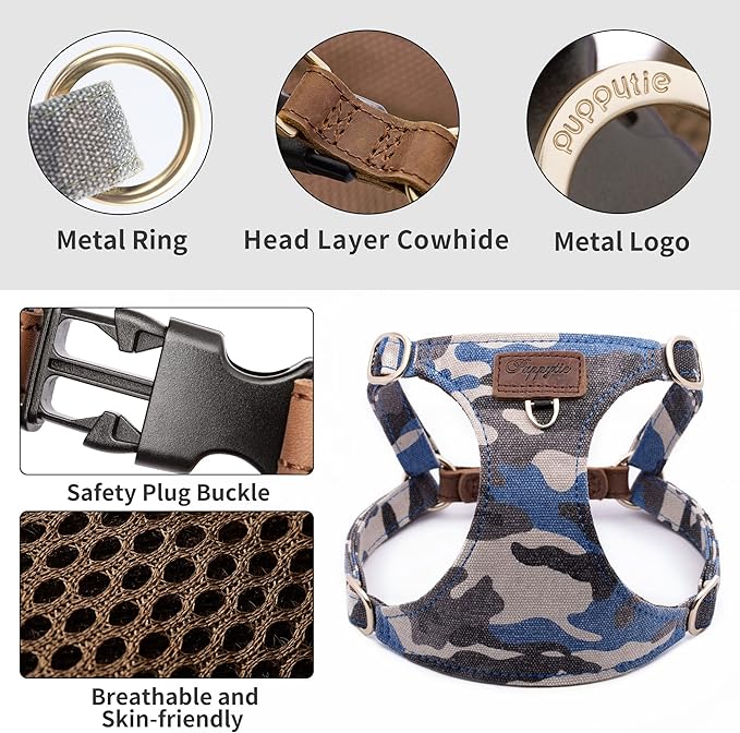 Dog Harness, No Pull Dogs Harness and Multi-Function Leash Set for Medium Dogs Easy Walk Everyday Adjustable Soft Dog Vest Harness Fashionable Dog Accessories Camouflage Blue-Button-M(16lb-35lb)